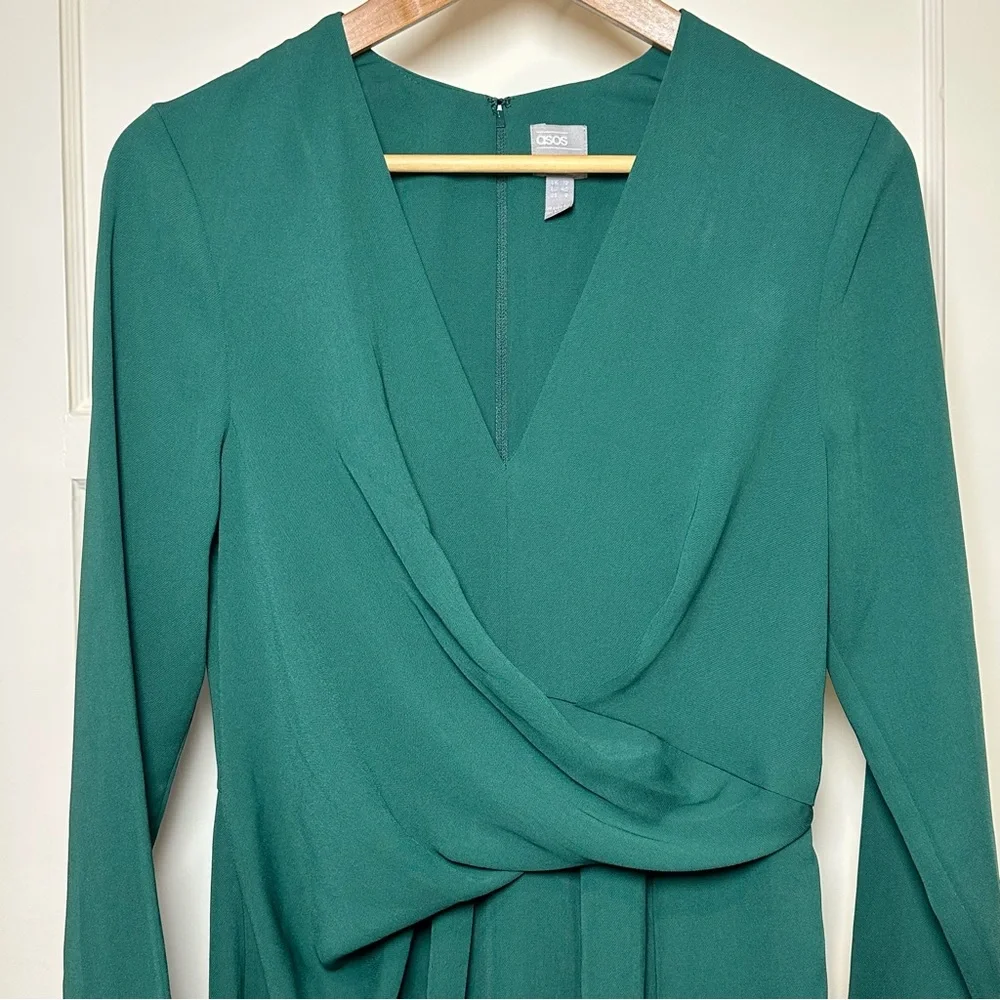 ASOS Design Green Long Sleeve Surplice V Neck Mini Dress - Size 8